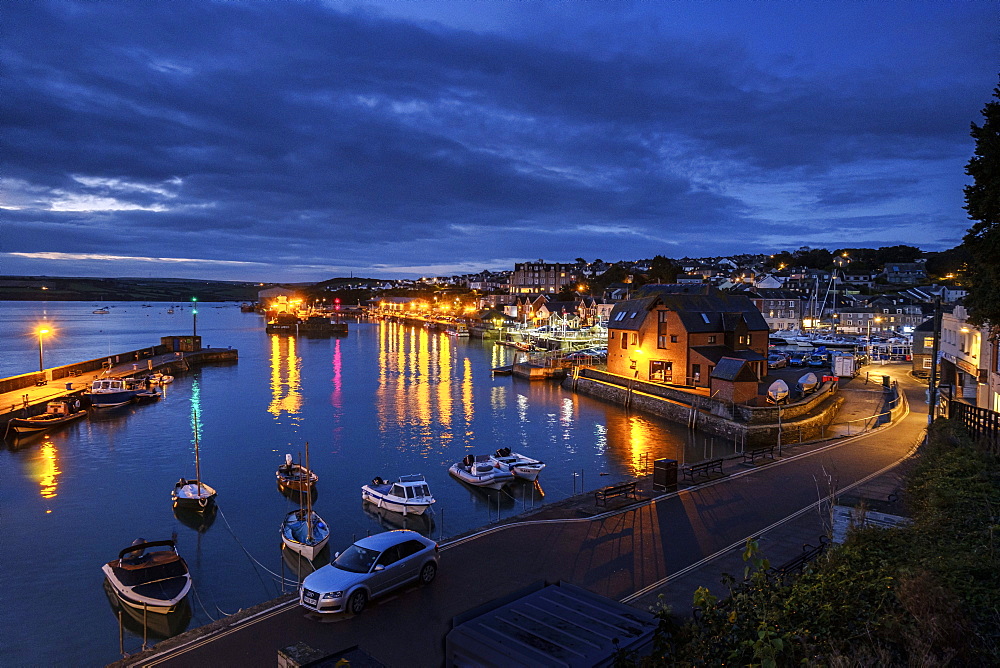 Boats and lights in the harbour of the popular fishing port of Padstow, Cornwall, England, United Kingdom, Europe