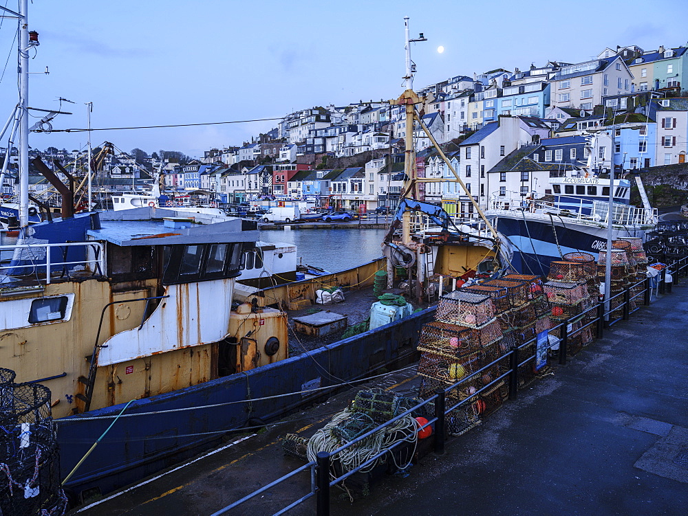 The colourful houses on the hillside above the harbour of Brixham, Devon, England, United Kingdom, Europe