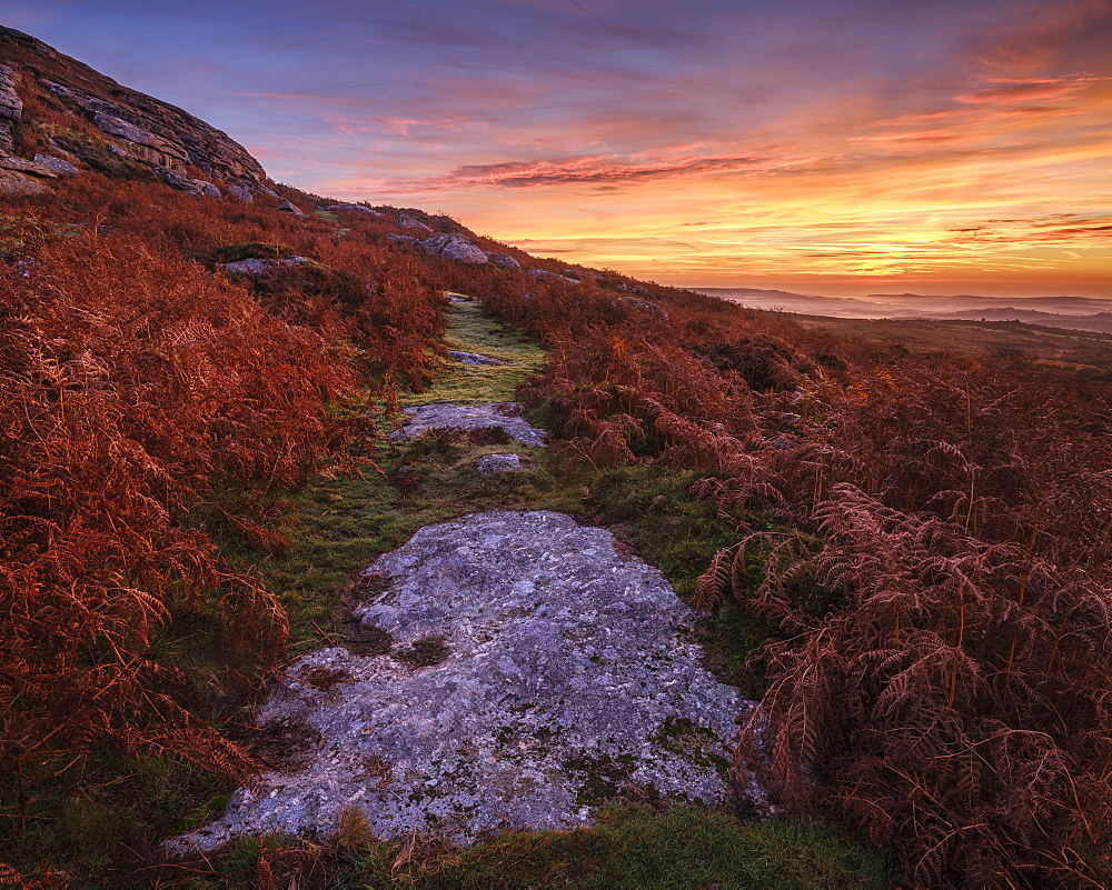 Twilight on the slopes below Saddle Tor with mist in the Teign Valley, Dartmoor National Park, Bovey Tracey, Devon, England, United Kingdom, Europe