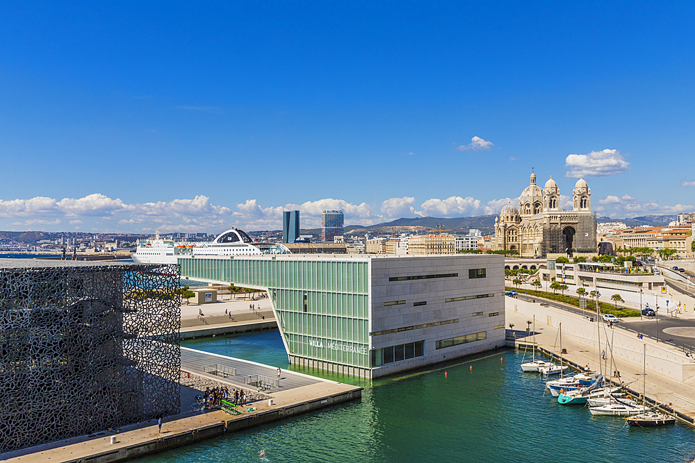 View of Marseille Cathedral, MuCEM and Villa Mediterranee, Provence, Provence Alpes Cote d'Azur, France, Mediterranean, Europe