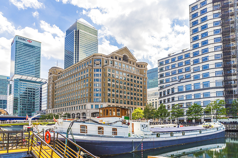 Barges in North Dock in Canary Wharf, Docklands, London, England, United Kingdom, Europe