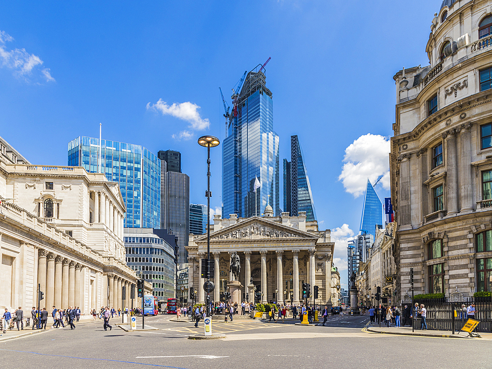 View of Bank Junction including the Royal Exchange in the City of London, London, England, United Kingdom, Europe