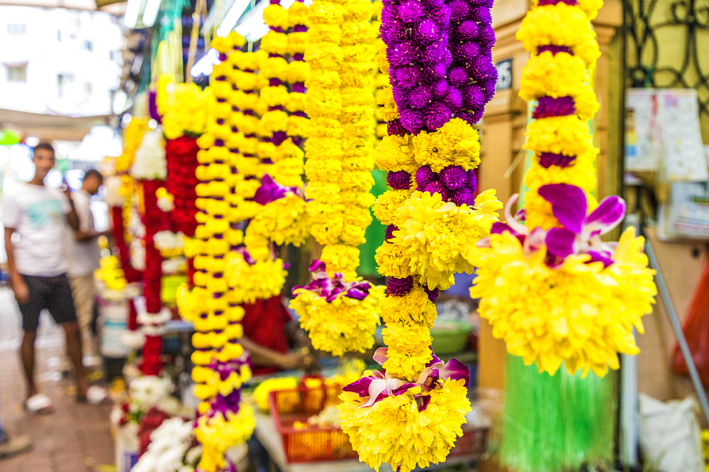 Colourful garland stalls in Little India in Kuala Lumpur, Malaysia, Southeast Asia, Asia