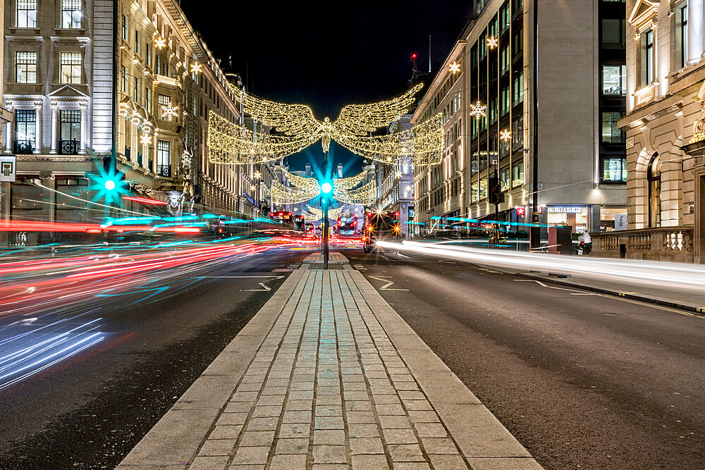 Regent Street light trails at night, London, England, United Kingdom, Europe