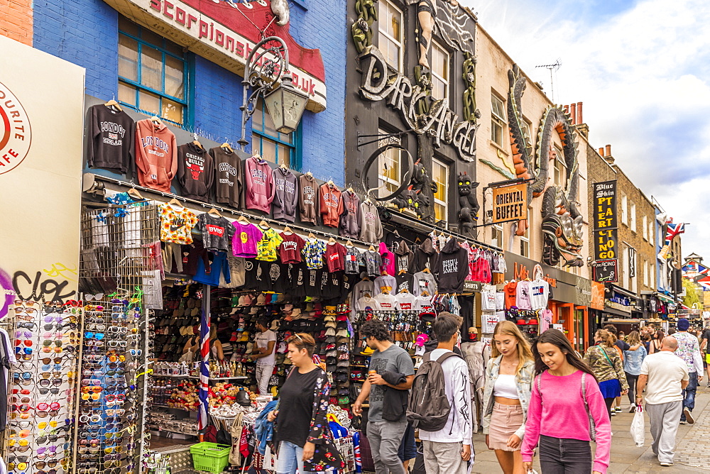 Some of the typically colourful stores on Camden High Street in Camden, London, England, United Kingdom, Europe