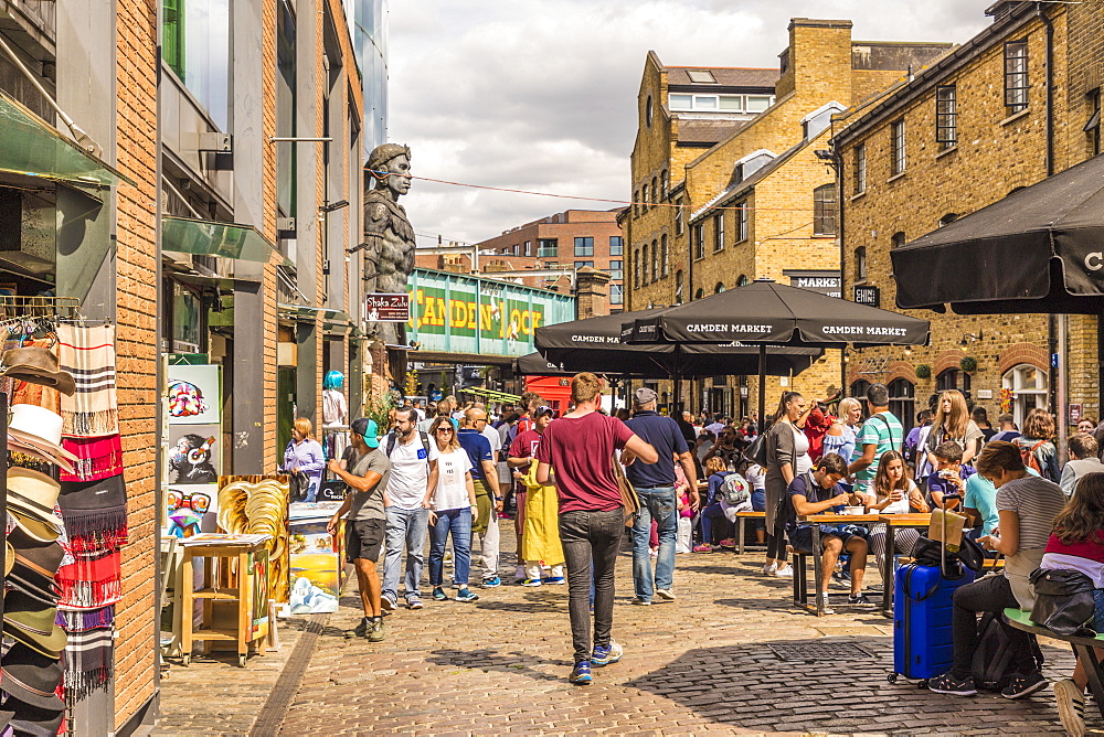 A view of Camden Market, and Camden Lock bridge in Camden, London, England, United Kingdom, Europe