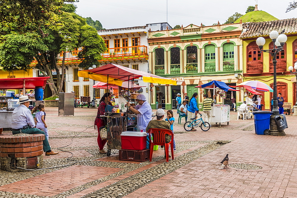 Colourful colonial architecture in the main square, Parque Reyes, in Jerico, Antioquia, Colombia, South America