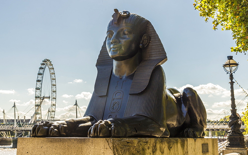 A sphinx on Victoria Embankment, with the London Eye in the background, London, England, United Kingdom, Europe