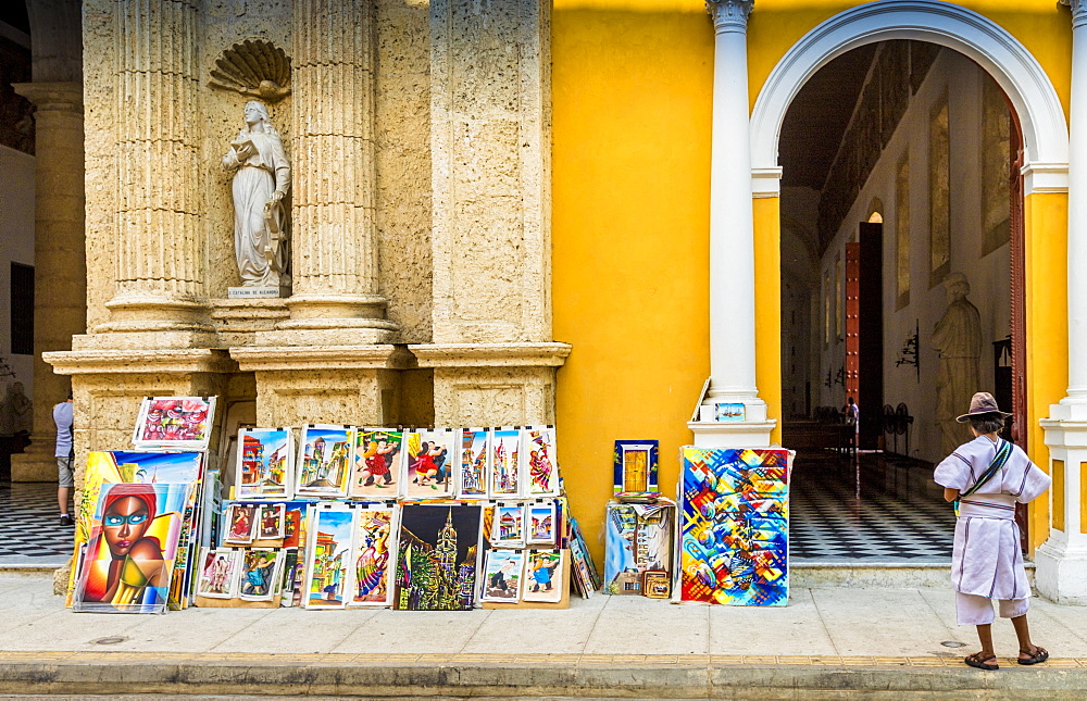 Art for sale outside the Cathedral of Cartagena, Cartagena de Indias, Colombia, South America