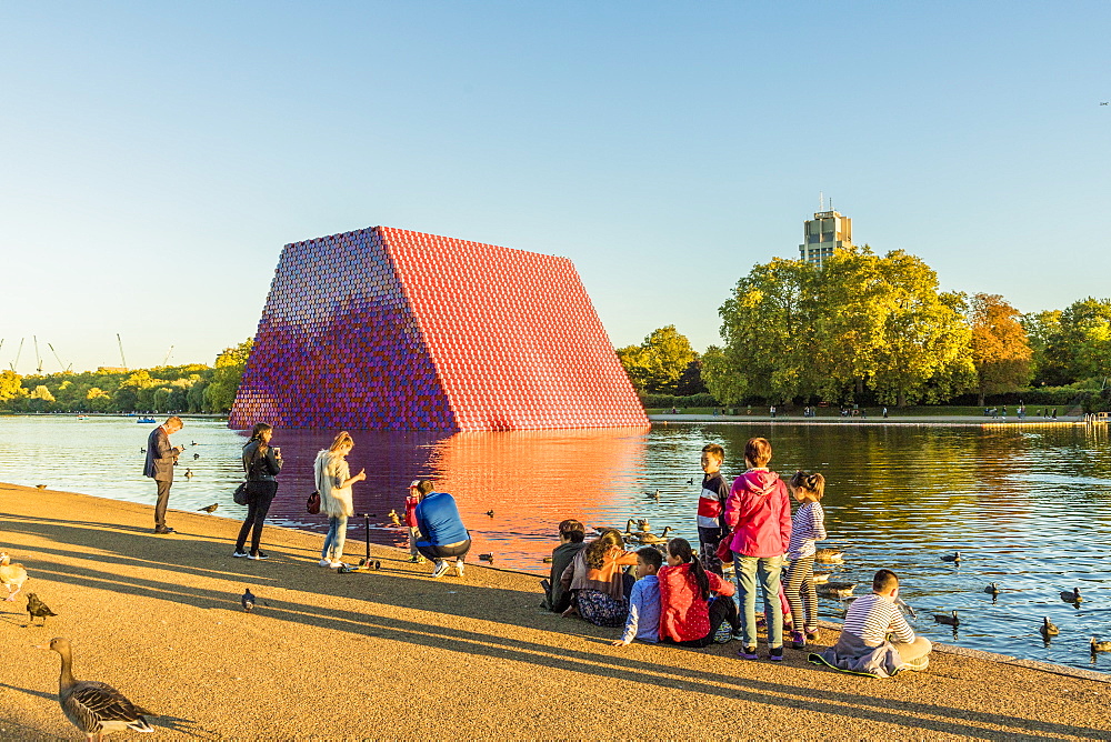 The London Mastaba sculpture, by Christo, on the Serpentine Lake, Hyde Park, London, England, United Kingdom, Europe