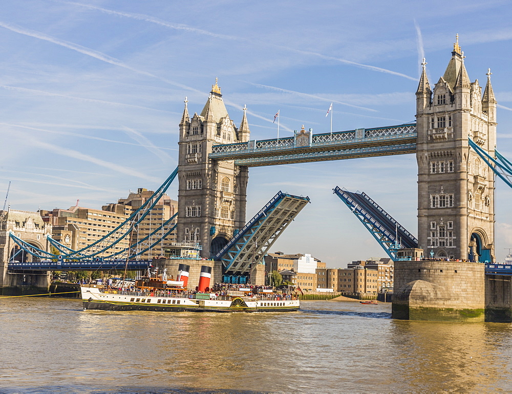 Tower Bridge being raised, London, England, United Kingdom, Europe