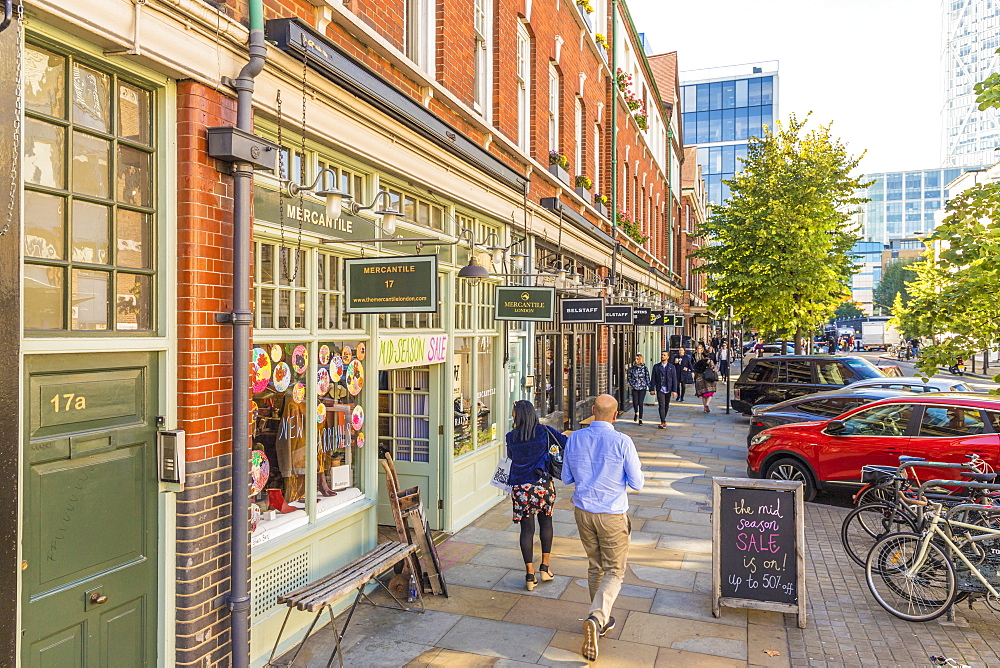 A beautiful street and stores around the Old Spitalfields Market, London, England, United Kingdom, Europe