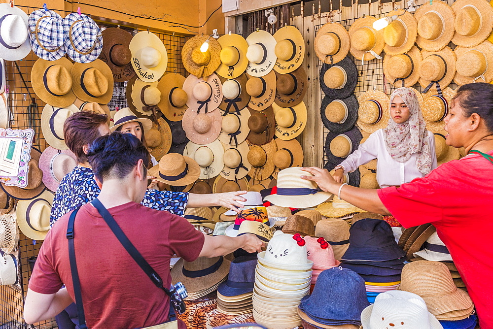 A market stall selling hats in Phuket Old Town, Phuket, Thailand, Southeast Asia, Asia