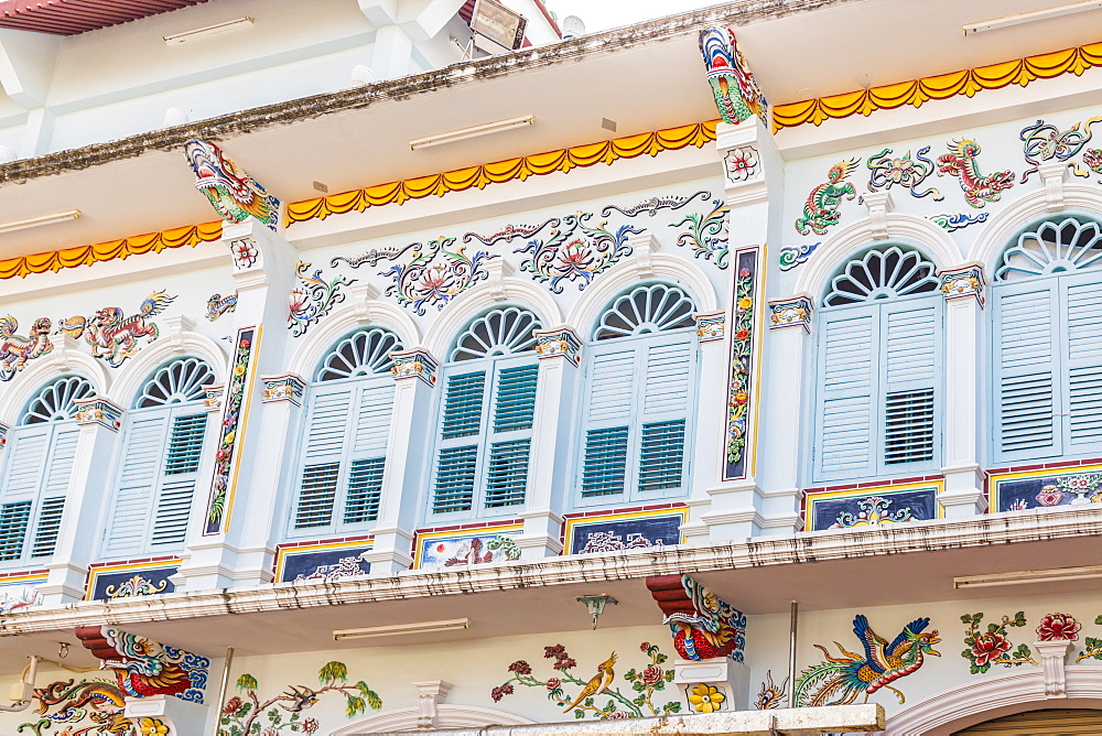 Porcelain decorations on the Shrine of The Serene Light (Sang Tham) in Phuket old town, Phuket, Thailand, Southeast Asia, Asia