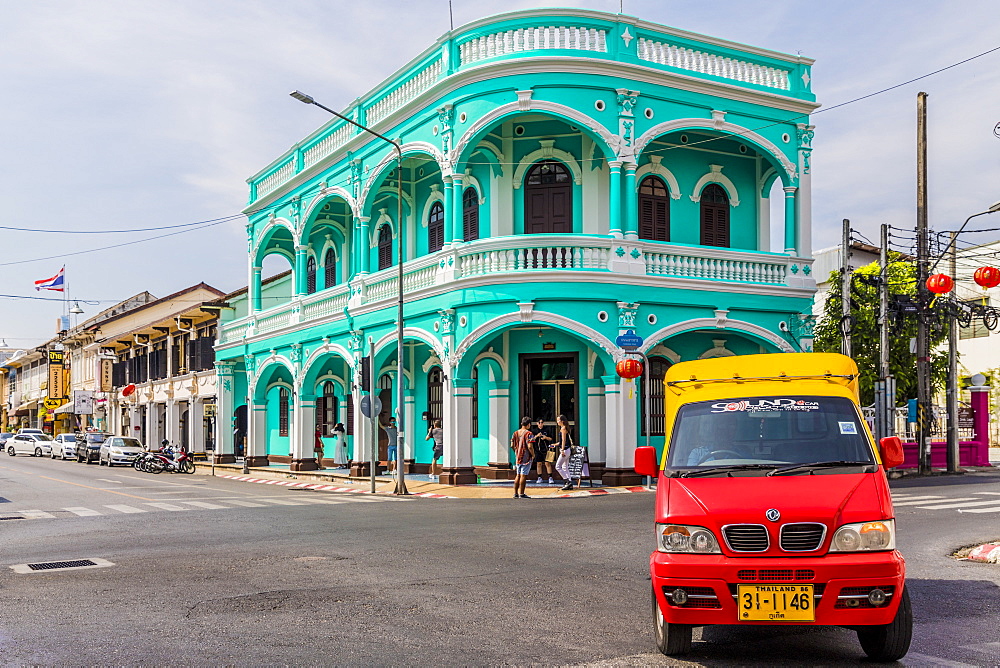 A local taxi tuk tuk and beautiful Sino-Portuguese architecture in Phuket old town, Phuket, Thailand, Southeast Asia, Asia