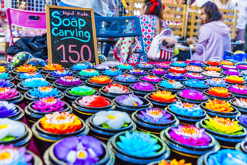 Carved soap for sale at the famous Walking Street night market in Phuket old Town, Phuket, Thailand, Southeast Asia, Asia