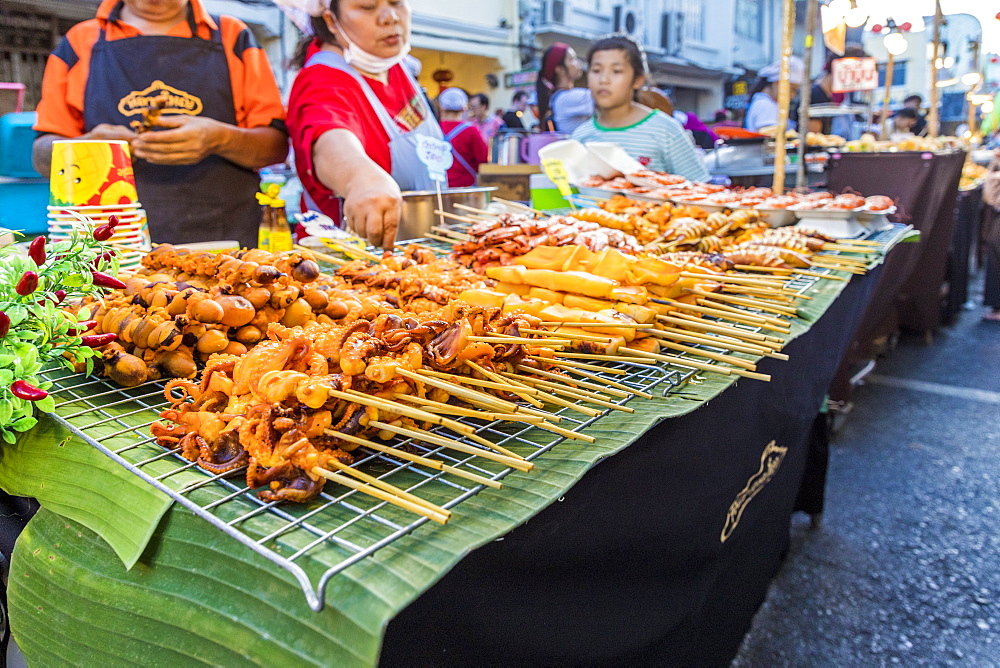 A barbecue seafood stall at the famous Walking Street night market in Phuket old Town, Phuket, Thailand, Southeast Asia, Asia