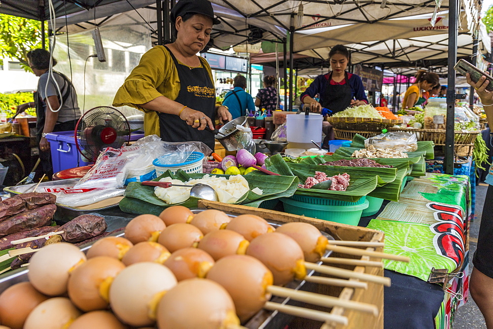 A food stall at the Indy market in Phuket old town, Phuket, Thailand, Southeast Asia, Asia