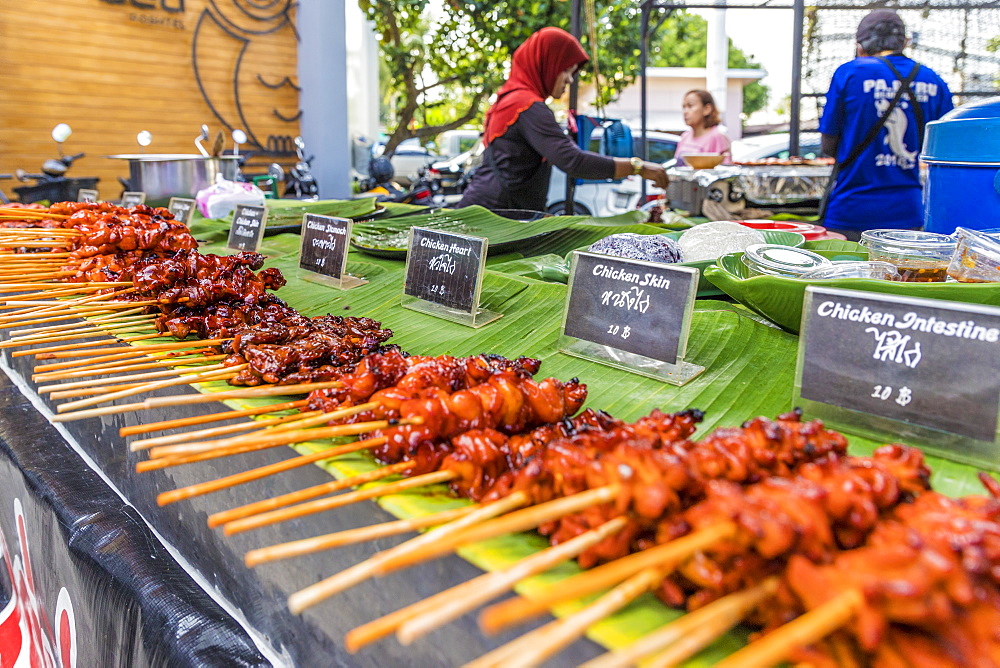 A barbecue meat stall at the Indy market in Phuket old town, Phuket, Thailand, Southeast Asia, Asia