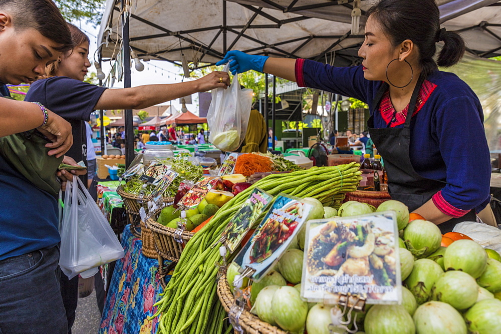 A vegetarian stall at the Indy market in Phuket old town, Phuket, Thailand, Southeast Asia, Asia