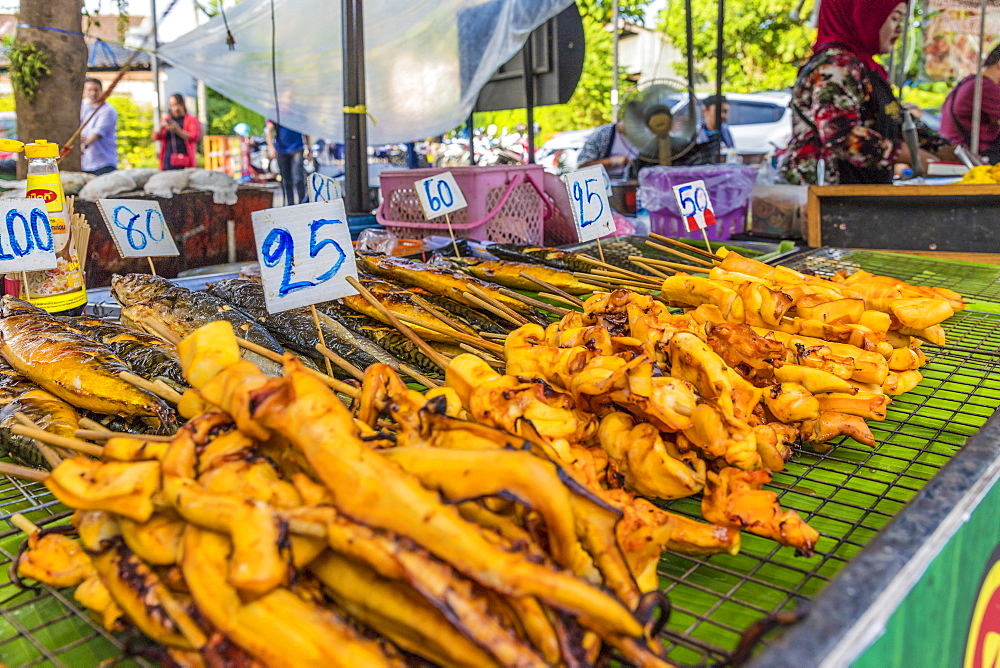 A barbecue seafood stall at the Indy market in Phuket old town, Phuket, Thailand, Southeast Asia, Asia