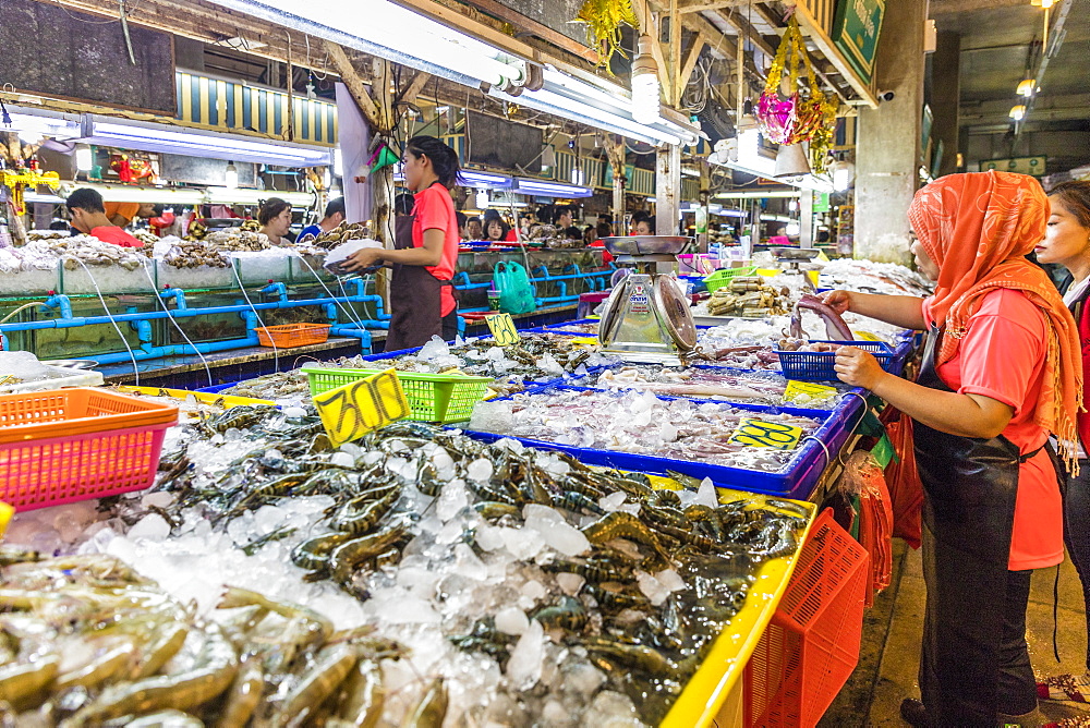 Fresh seafood for sale at the indoor Banzaan food market in Patong, Phuket, Thailand, Southeast Asia, Asia