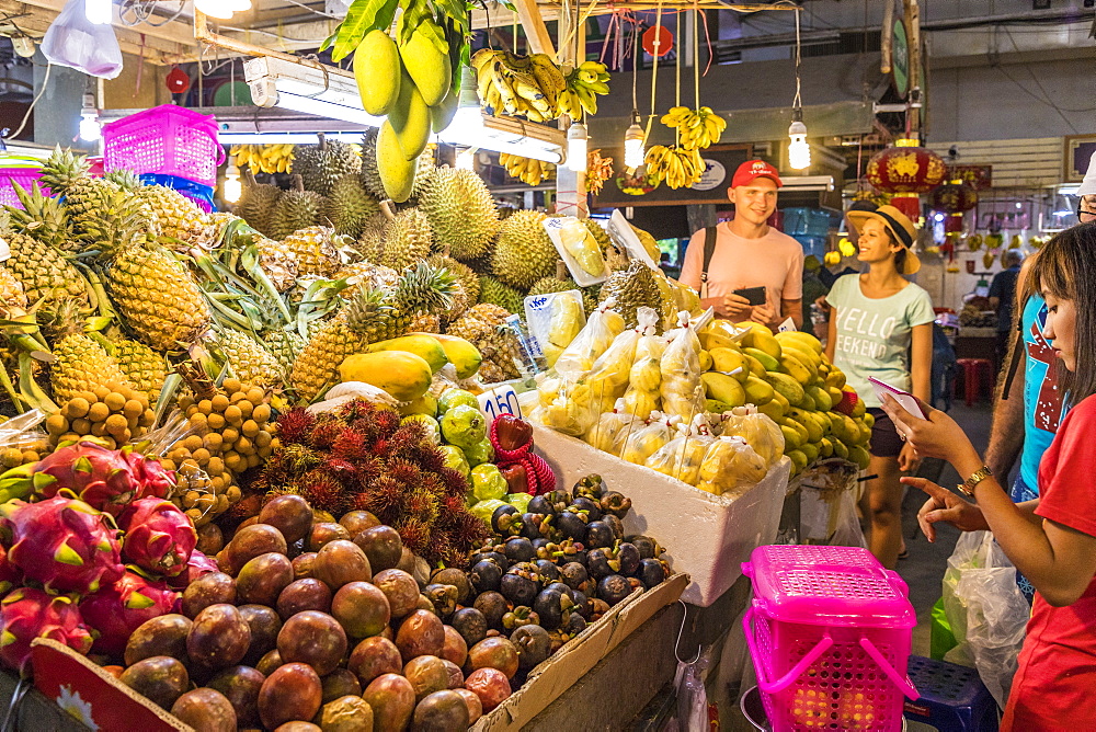 A fruit stall at the indoor Banzaan food market in Patong, Phuket, Thailand, Southeast Asia, Asia