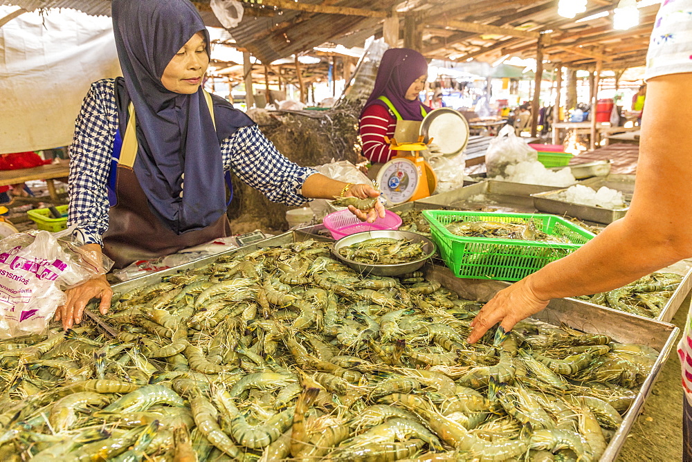 A fresh seafood stall at the local market in Ao Nang, Krabi Province, Thailand, Southeast Asia, Asia