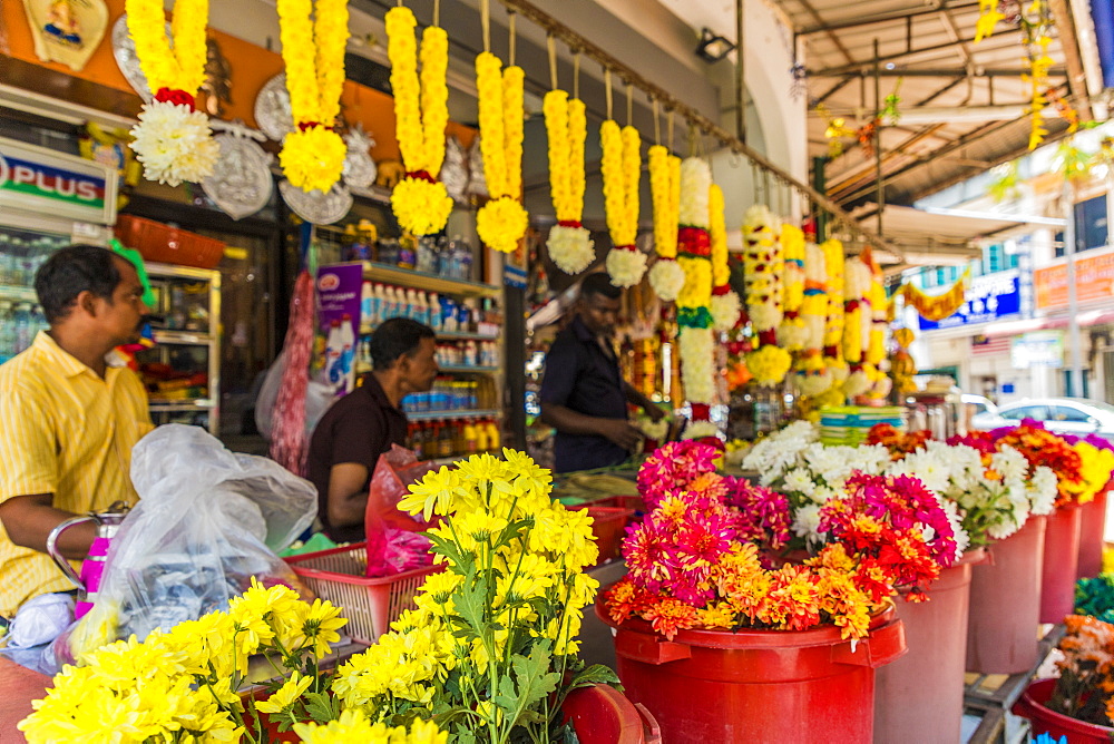 A colourful garland and flower stall in Little India, George Town, Penang Island, Malaysia, Southeast Asia, Asia