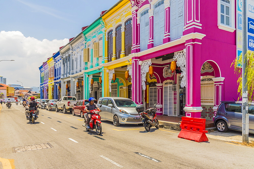 The colourful shop house architecture of Kek Chuan Jalan Road in George Town, Penang Island, Malaysia, Southeast Asia, Asia