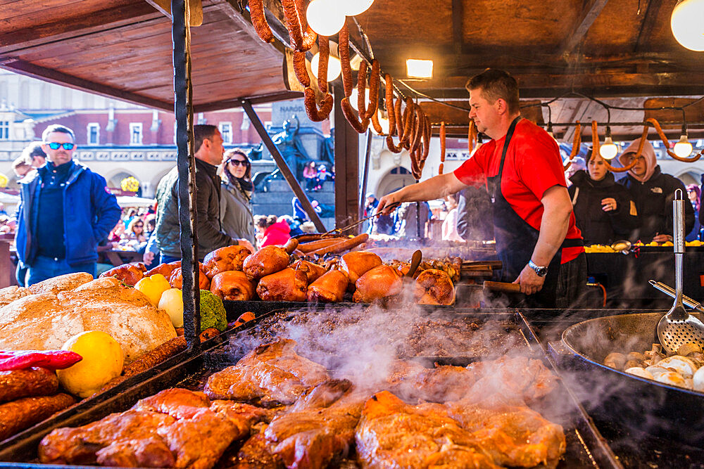 A market stall in the main square, Rynek Glowny, in the medieval old town, UNESCO World Heritage Site, Krakow, Poland, Europe