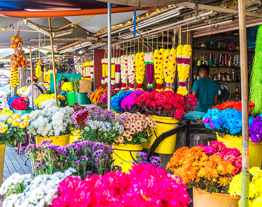 Colourful traditional garland stand in George Town, UNESCO World Heritage Site, Penang Island, Malaysia, Southeast Asia, Asia