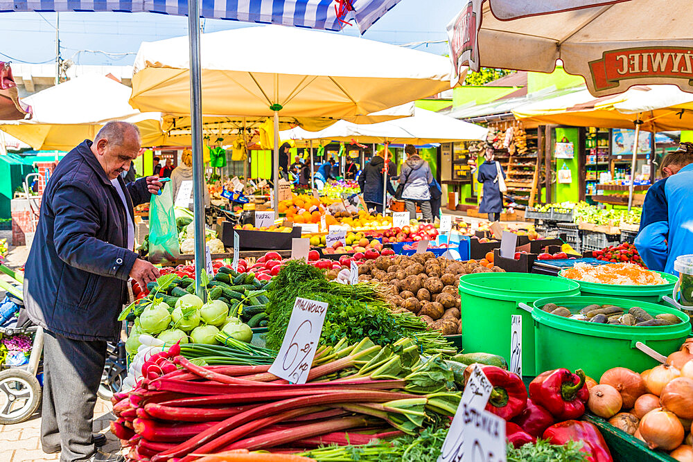 A fruit and vegetable stall at the Unitarg Plac Targowy local market in Krakow, Poland, Europe