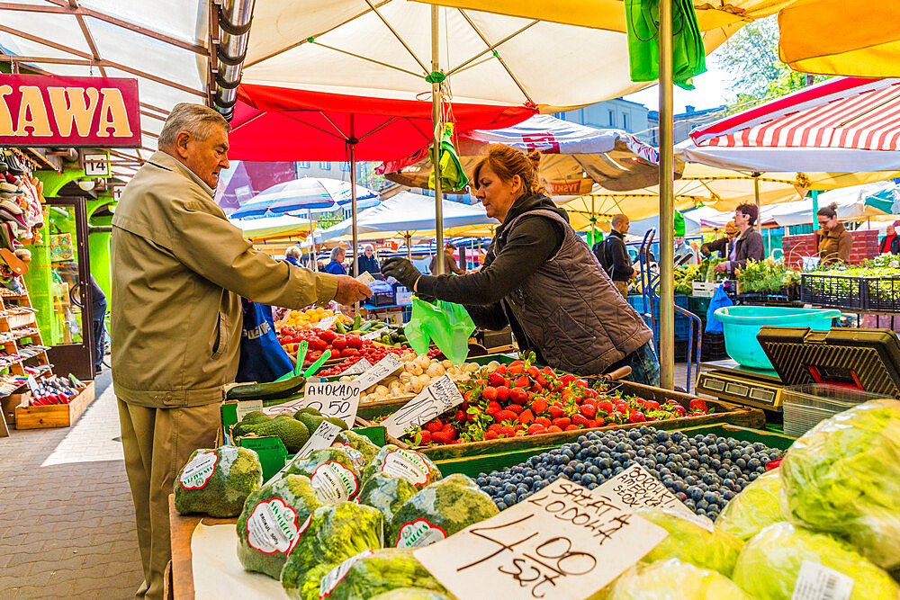 A fruit and vegetable stall at the Unitarg Plac Targowy local market in Krakow, Poland, Europe