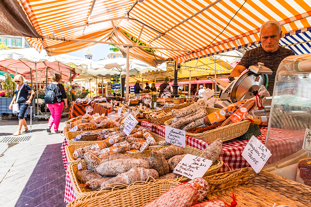 Local goods for sale at Cours Saleya Market, Old Town , Nice, Alpes Maritimes, Cote d'Azur, French Riviera, Provence, France, Mediterranean, Europe