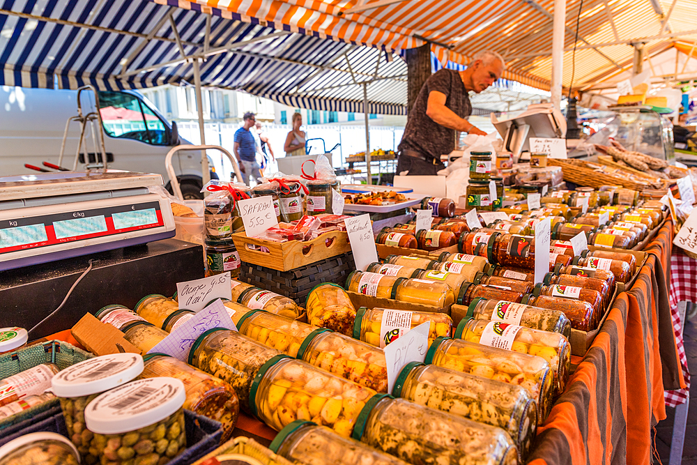 Local goods for sale at Cours Saleya Market, Old Town , Nice, Alpes Maritimes, Cote d'Azur, French Riviera, Provence, France, Mediterranean, Europe