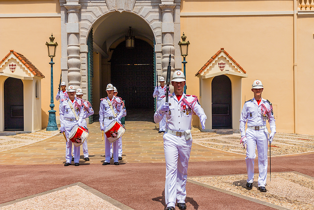 Changing of the Guard at Prince's Palace of Monaco in Monaco, Cote d'Azur, French Riviera, France, Europe