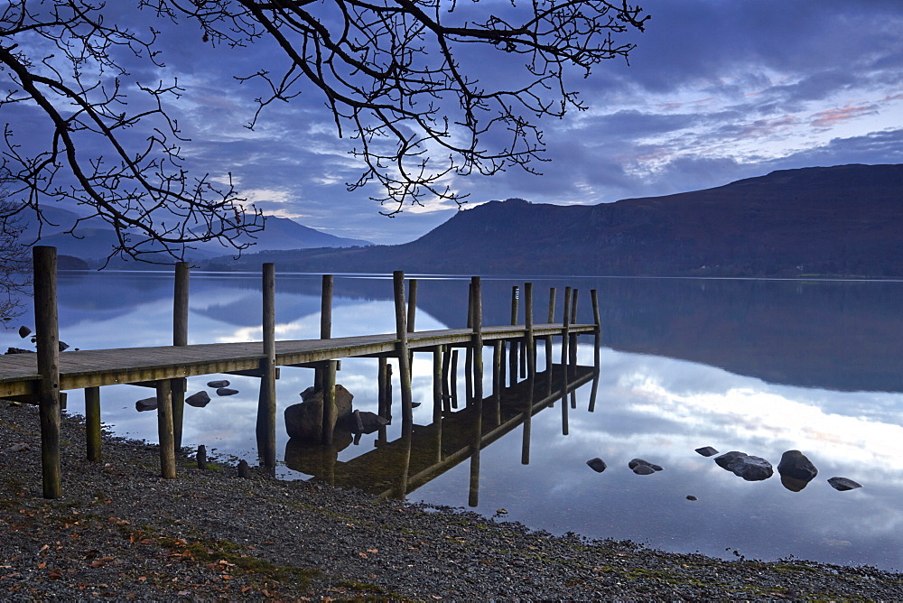 Dawn at Brandelhow jetty on Derwentwater, Lake District National Park, UNESCO World Heritage Site, Cumbria, England, United Kingdom, Europe