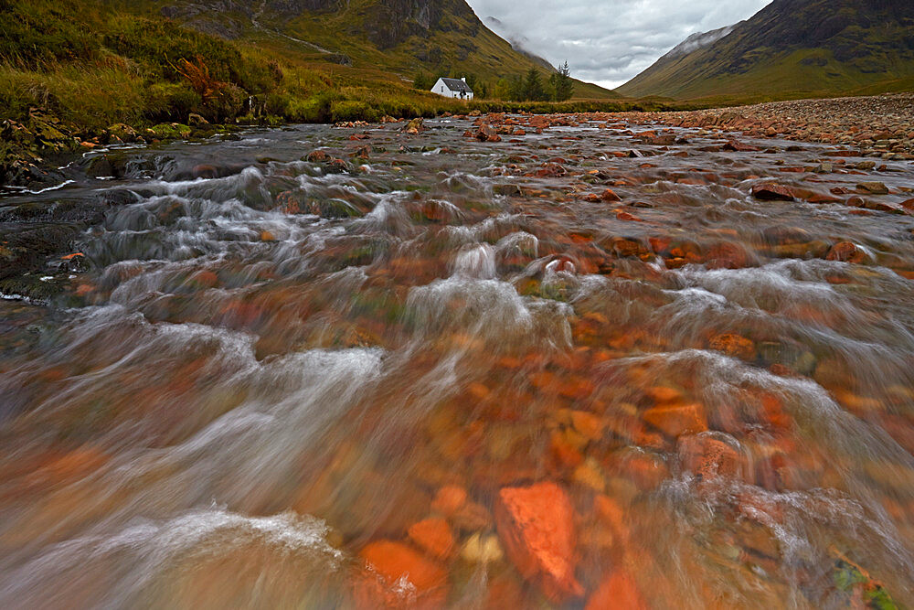 Lagangarbh Hut and the River Coupall at Altnafeadh, Argyll and Bute, Scotland, United Kingdom, Europe