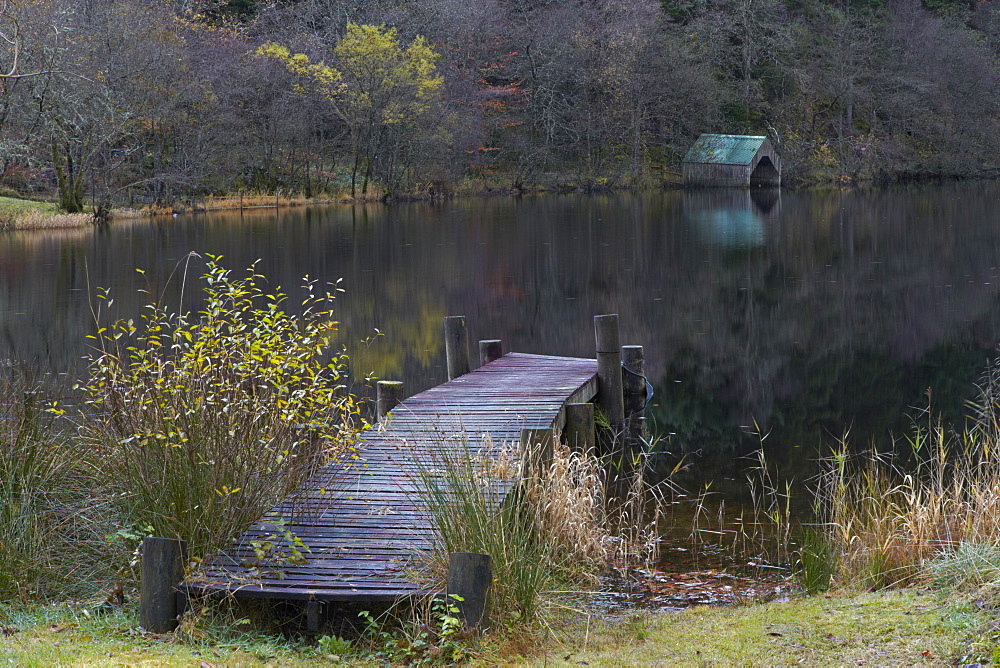 Jetty and boathouse at Milton Basin, Loch Ard, Trossachs, Stirlingshire, Scotland, United Kingdom, Europe