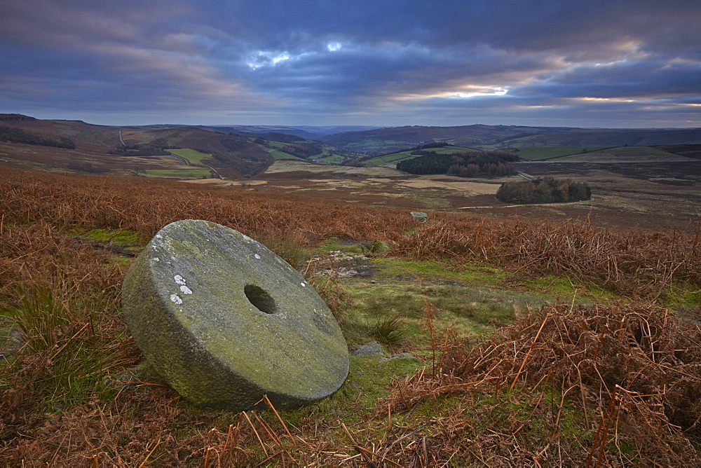 Abandoned millstone below Stanage Edge, Peak District National Park, Derbyshire, England, United Kingdom, Europe