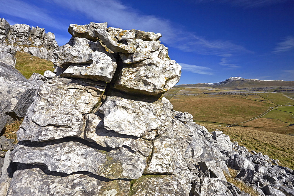 Ingleborough viewed from the limestone escarpment on Kingsdale, Yorkshire Dales National Park, North Yorkshire, England, United Kingdom, Europe