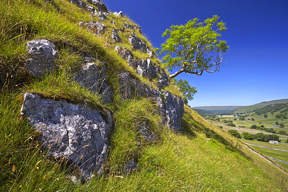 A view of Upper Wharfedale from above Kettlewell, North Yorkshire, England, United Kingdom, Europe