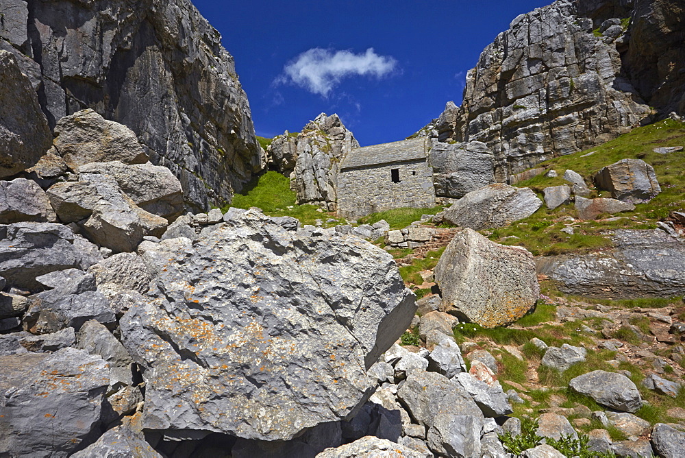 St. Govan's Chapel built into the cliffs near St. Govan's Head, Pembrokeshire, Wales, United Kingdom, Europe