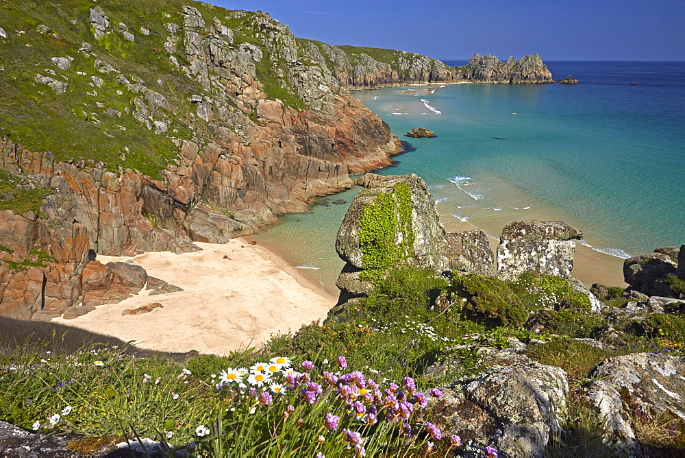 Pednvounder Beach and Treen Cliffs at Porthcurno, Cornwall, England, United Kingdom, Europe