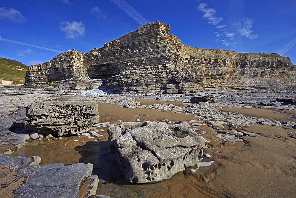 The exposed eroded cliffs of the Glamorgan Heritage Coast, Monknash, South Wales, United Kingdom, Europe