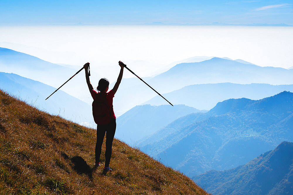 Mountain trekker enjoying the freedom, Adamello Park, Lombardy district, Brescia province, Lombardy, Italy, Europe