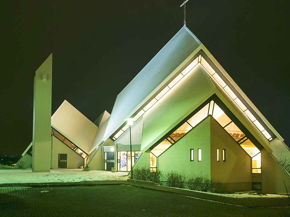 Seltjarnarneskirkja modern architecture church at night, Iceland, Polar Regions