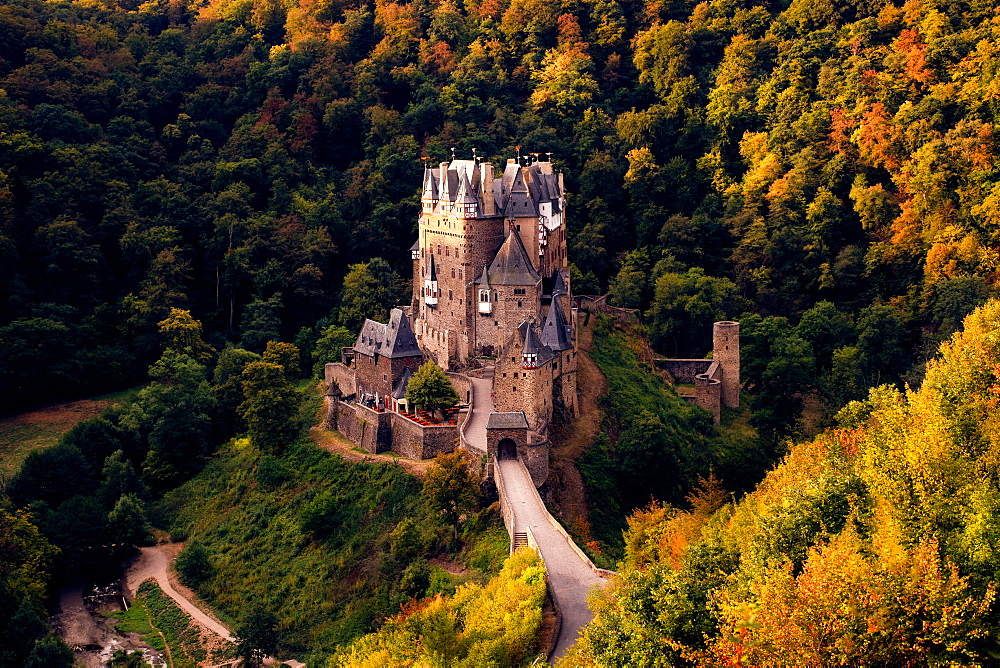 Burg Eltz Castle in Germany at sunrise, Rhineland-Palatinate, Germany, Europe