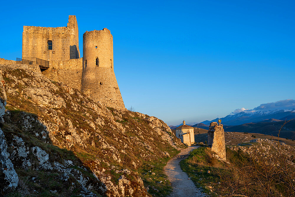 Santa Maria della Pieta church and Rocca Calascio, Calascio, L'Aquila, Abruzzo, Italy, Europe